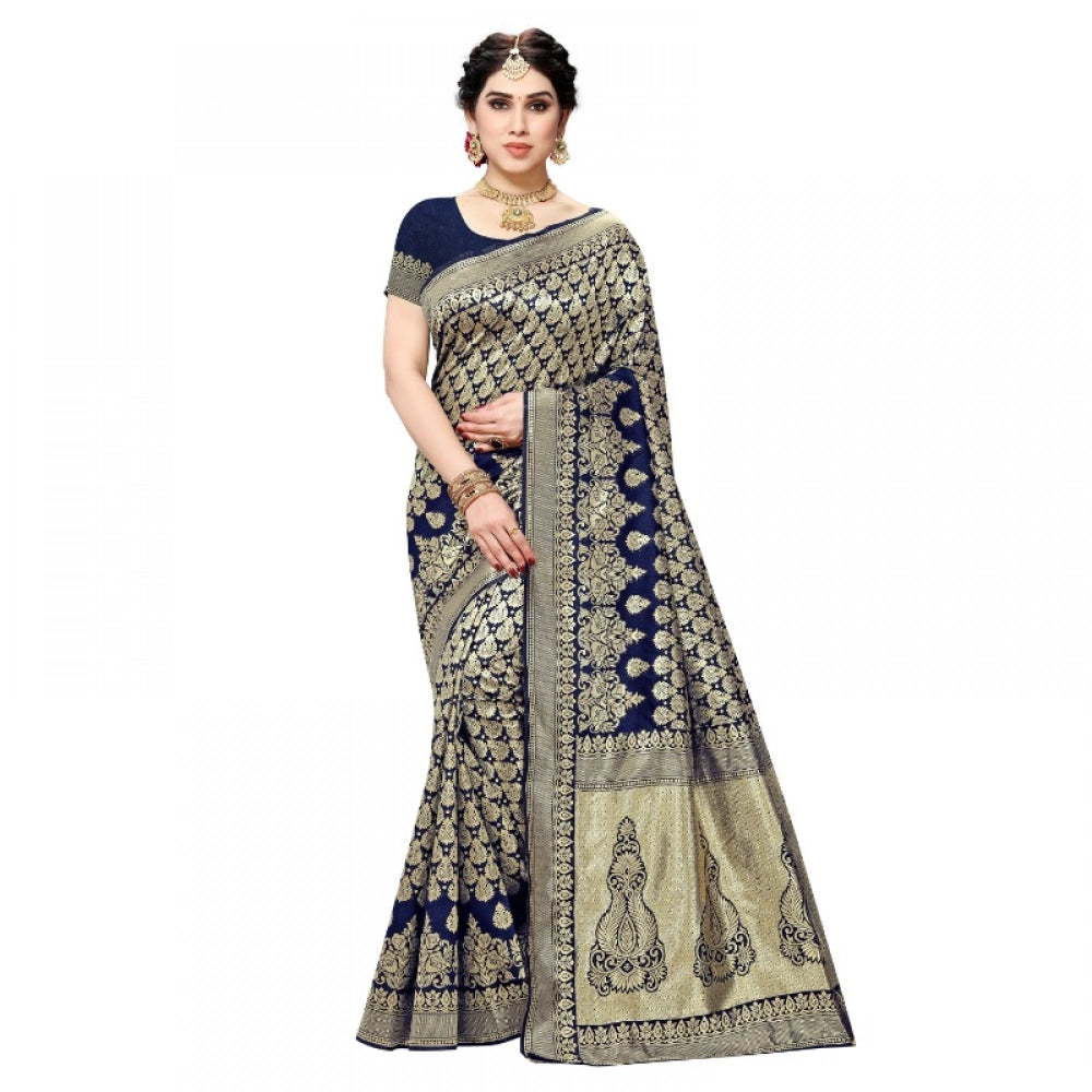 Generic Women's Jacquard Silk Kanjivaram Jacquard Silk Saree With Blouse (Navy Blue, 5-6 Mtrs) Main image