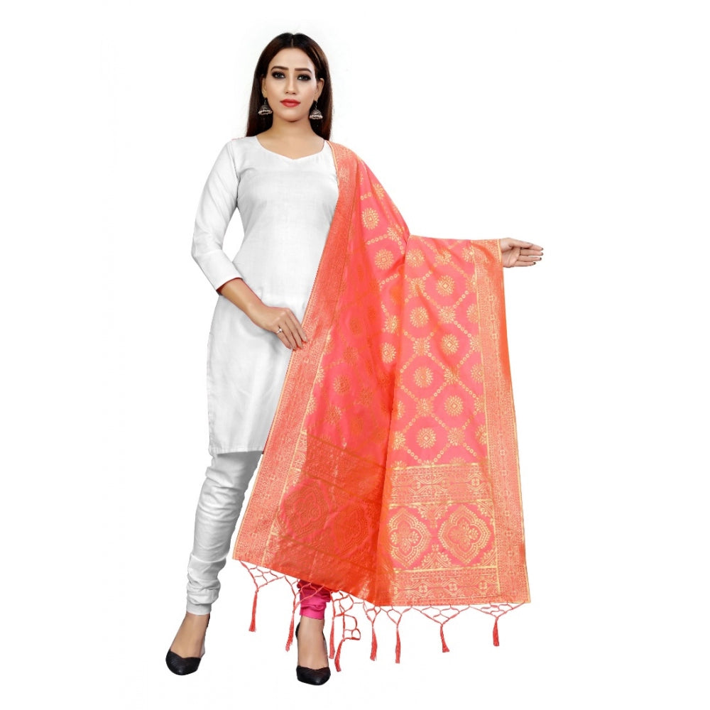 Generic Women's Banarasi Silk Floral Printed Dupatta (Peach, Length:2-2.4 mtr) Main image