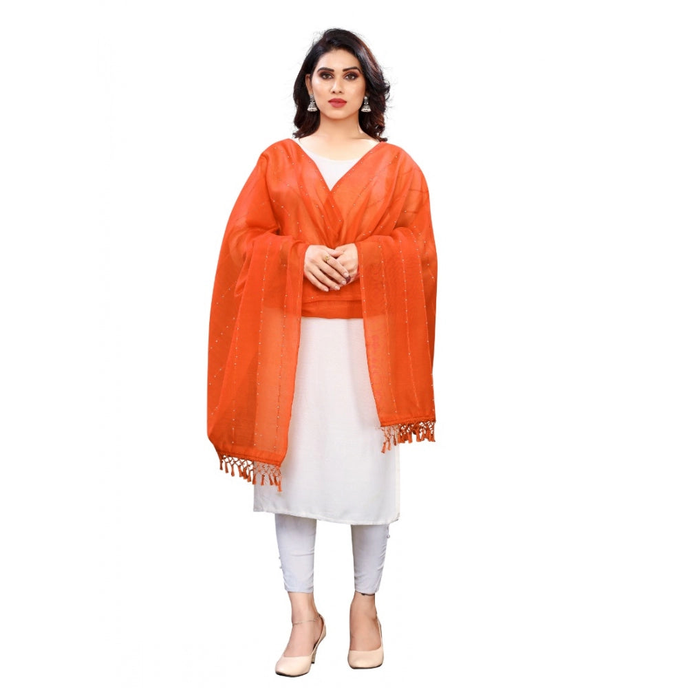 Generic Women's Cotton Silk Strips Printed Dupatta (Orange, Length:2-2.4 mtr) Main image