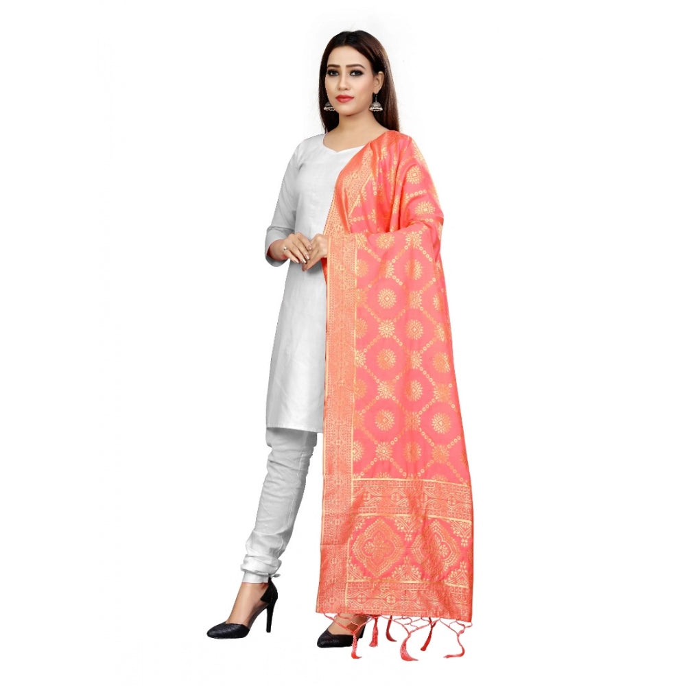 Generic Women's Banarasi Silk Floral Printed Dupatta (Peach, Length:2-2.4 mtr)