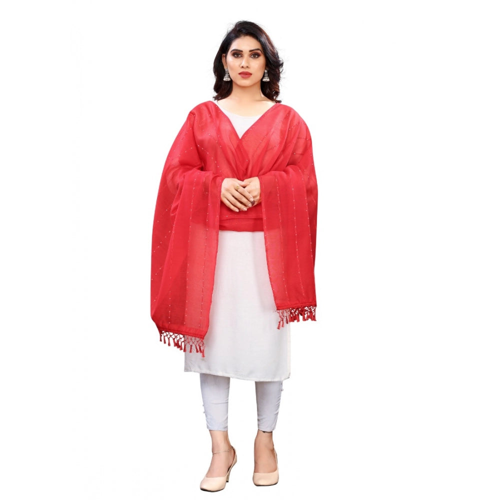 Generic Women's Cotton Silk Strips Printed Dupatta (Red, Length:2-2.4 mtr) Main image