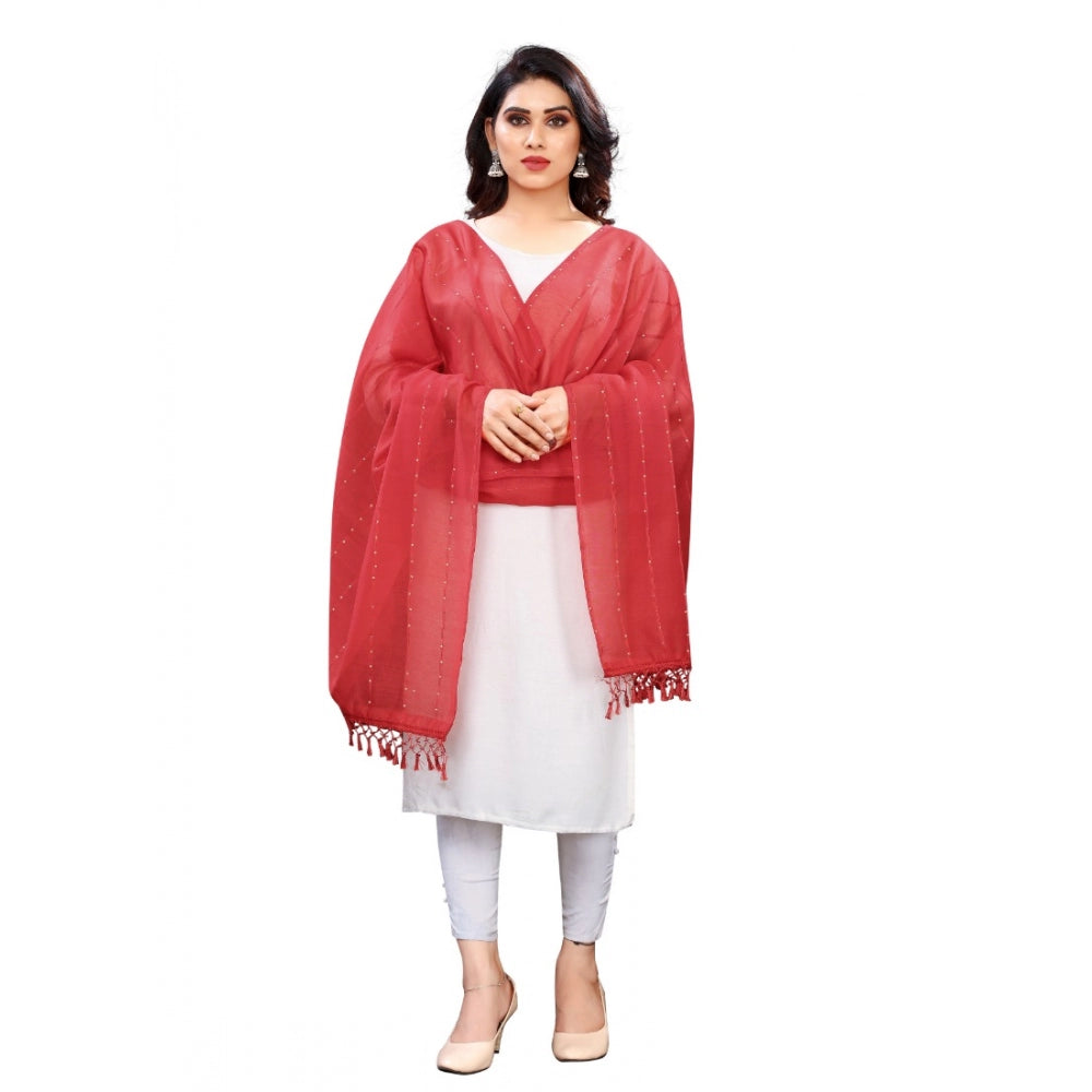 Generic Women's Cotton Silk Strips Printed Dupatta (Maroon, Length:2-2.4 mtr) Main image