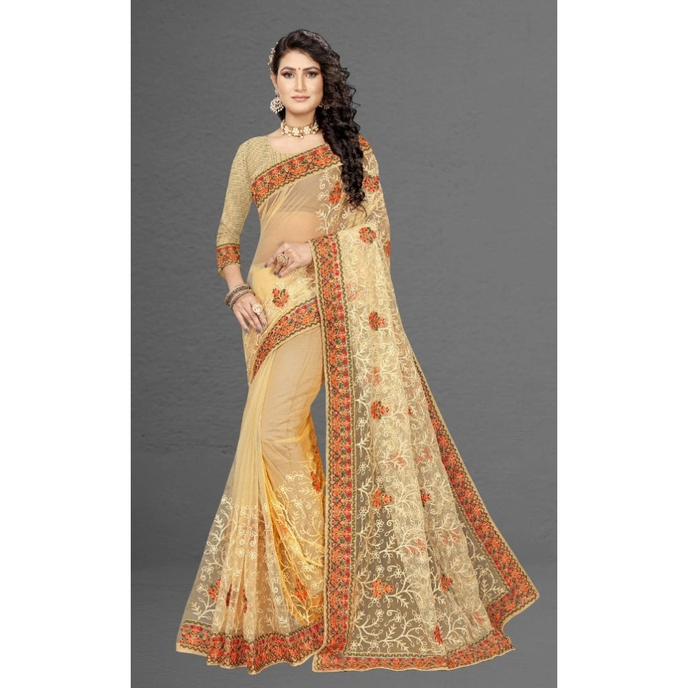 Generic Women's Net Saree With Blouse (Chiku, 5-6Mtrs) Secondary image