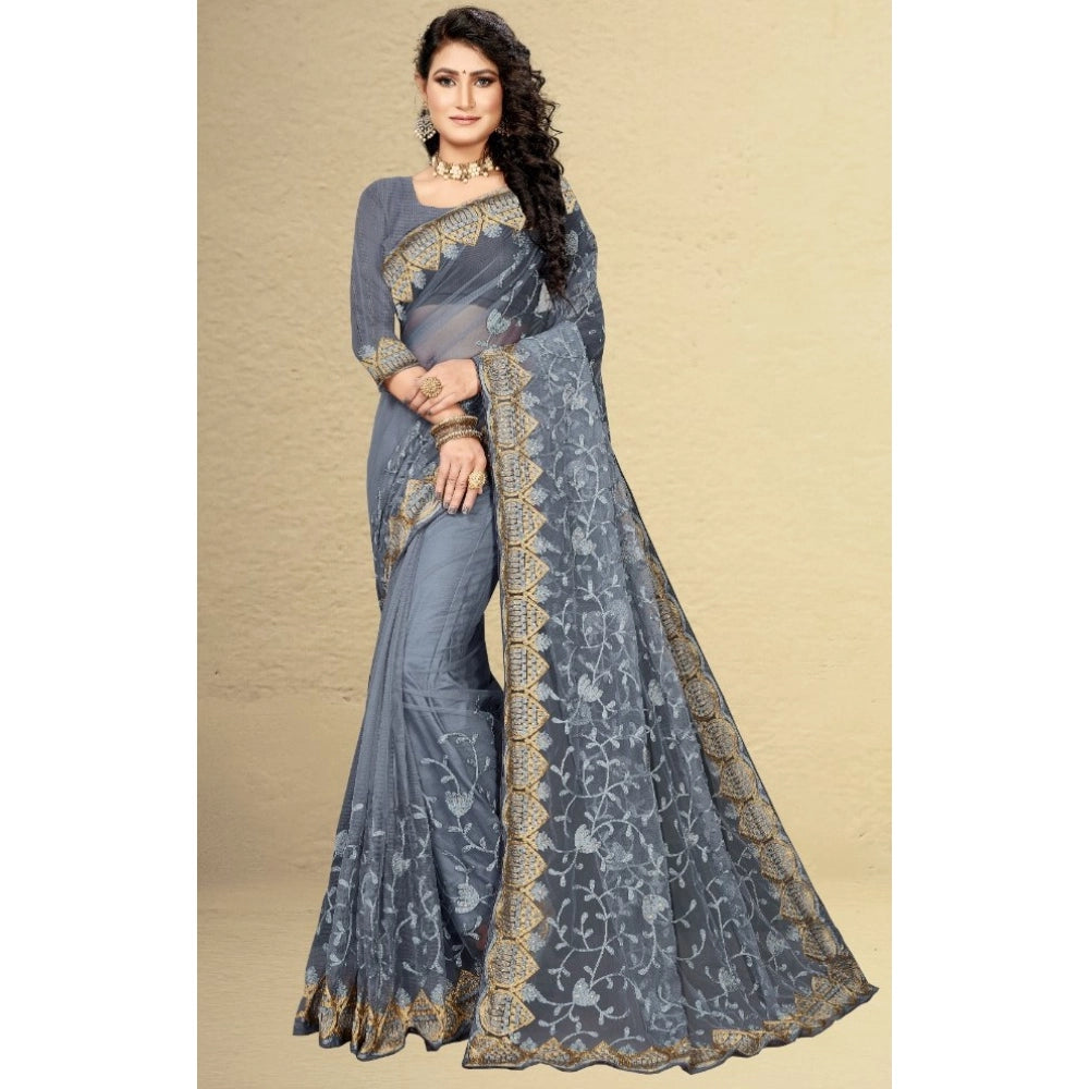 Generic Women's Net Saree With Blouse (Grey, 5-6Mtrs) Secondary image