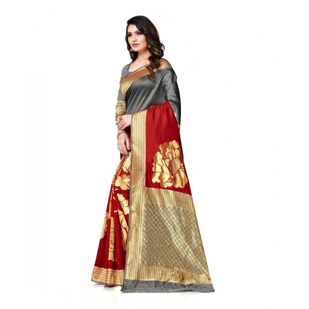 Generic Women's Banarasi Silk Saree With Blouse (Grey, Red, 5-6Mtrs) Secondary image