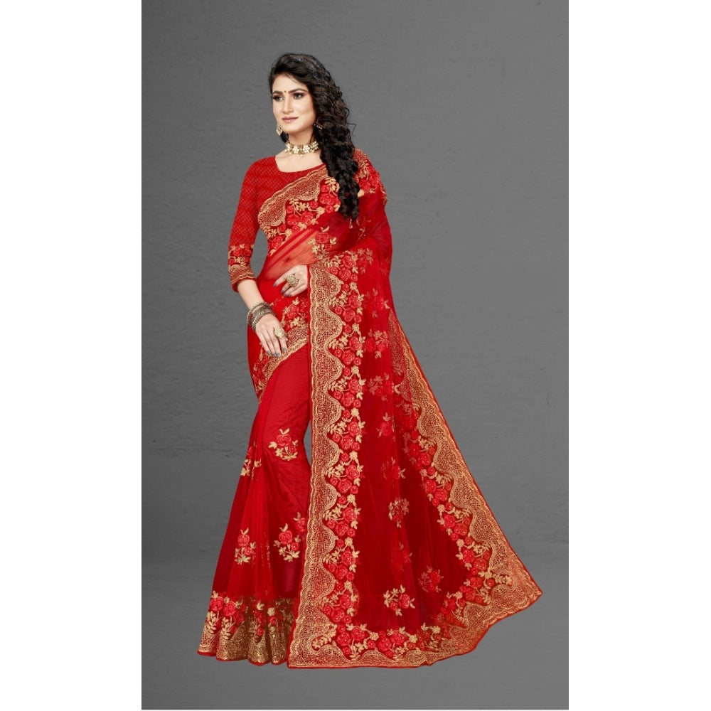 Generic Women's Net Saree With Blouse (Red, 5-6Mtrs) Secondary image