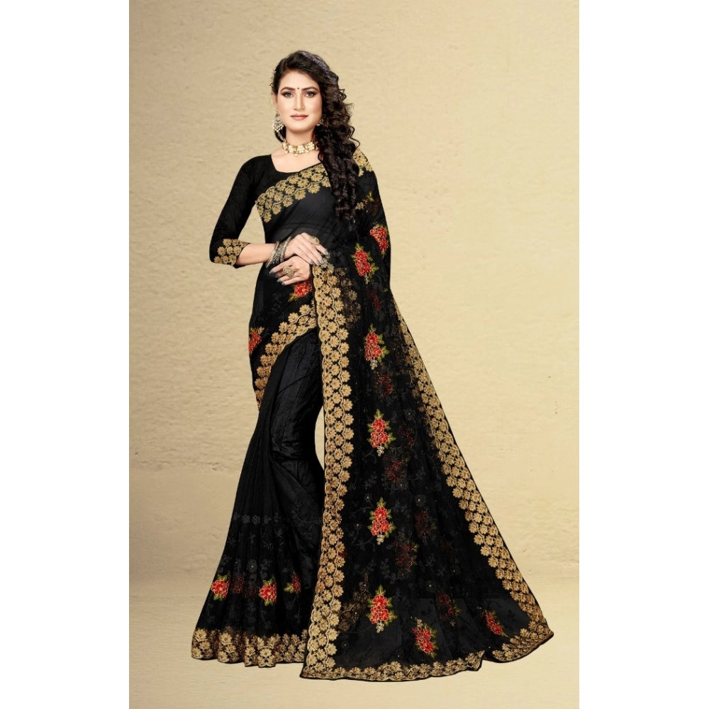 Generic Women's Net Saree With Blouse (Black, 5-6Mtrs) Secondary image