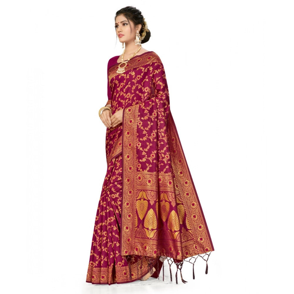 Generic Women's Banarasi Silk Saree With Blouse (Wine, 5-6Mtrs) Secondary image