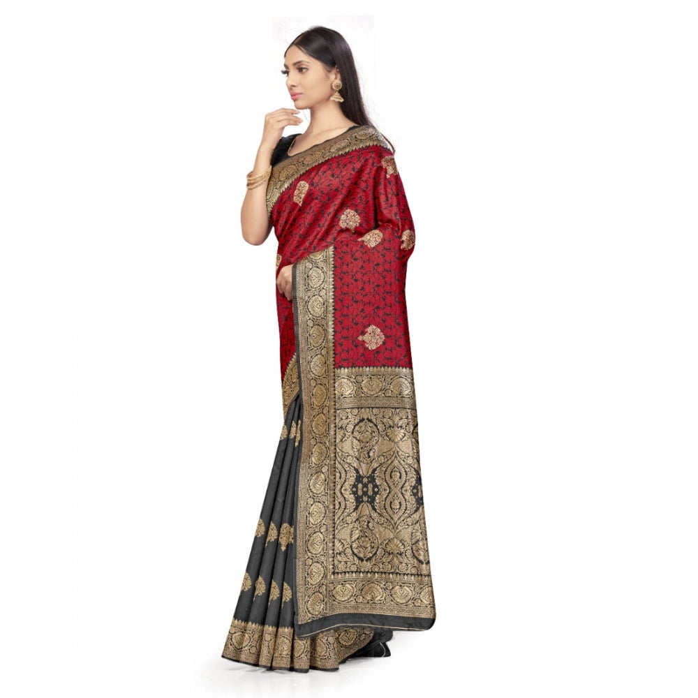 Generic Women's Banarasi Silk Saree With Blouse (Black, Red, 5-6Mtrs) Secondary image