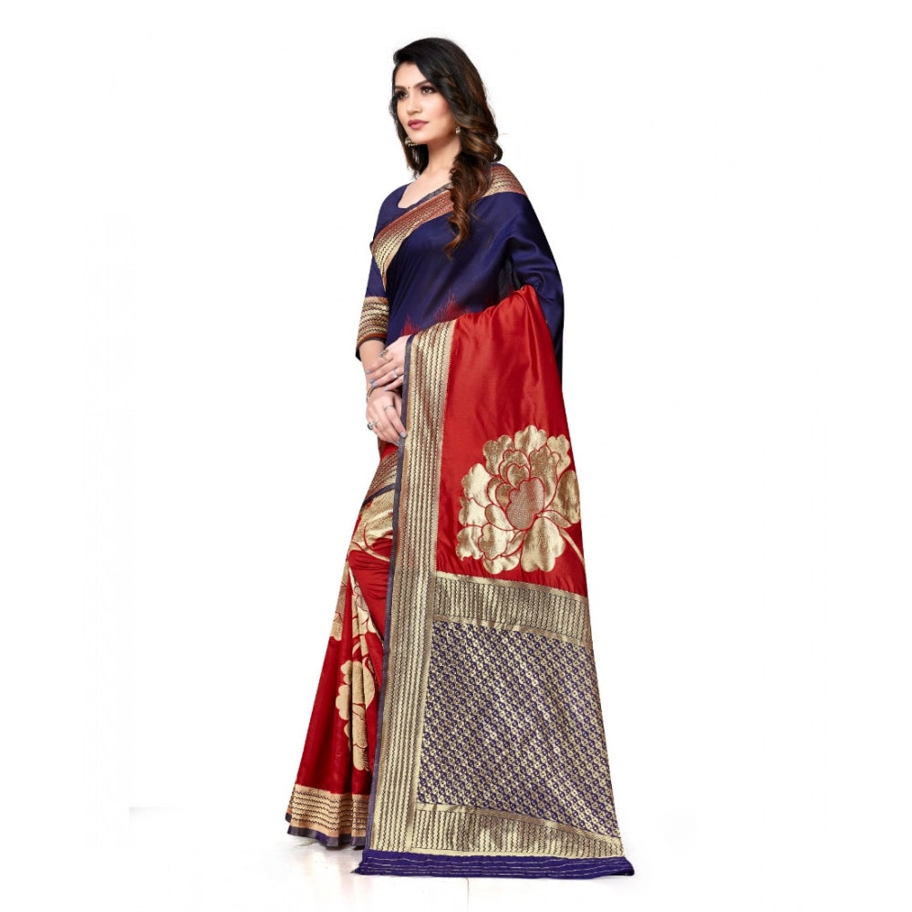 Generic Women's Banarasi Silk Saree With Blouse (Navy Blue, Red, 5-6Mtrs) Secondary image