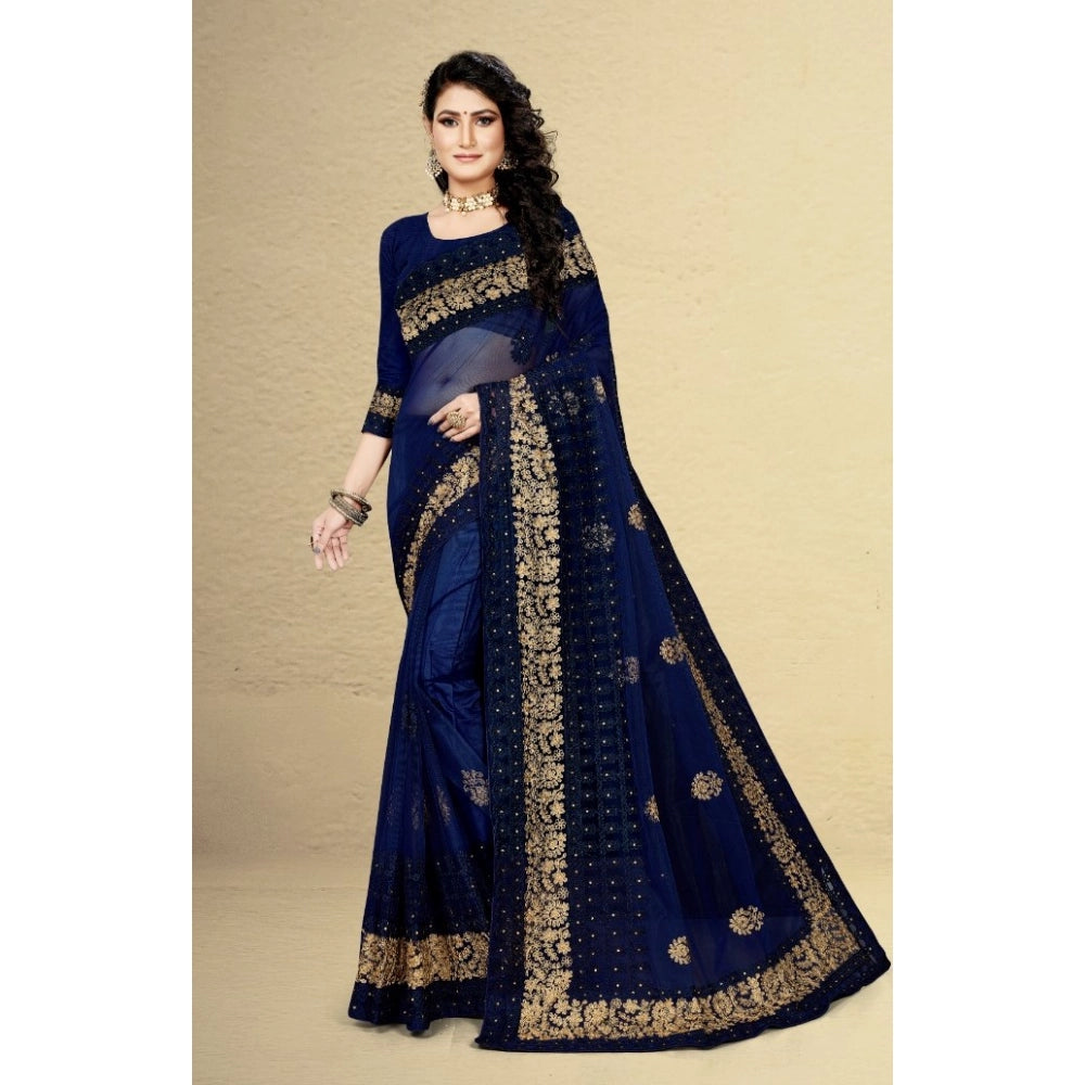 Generic Women's Net Saree With Blouse (Navy Blue, 5-6Mtrs) Secondary image