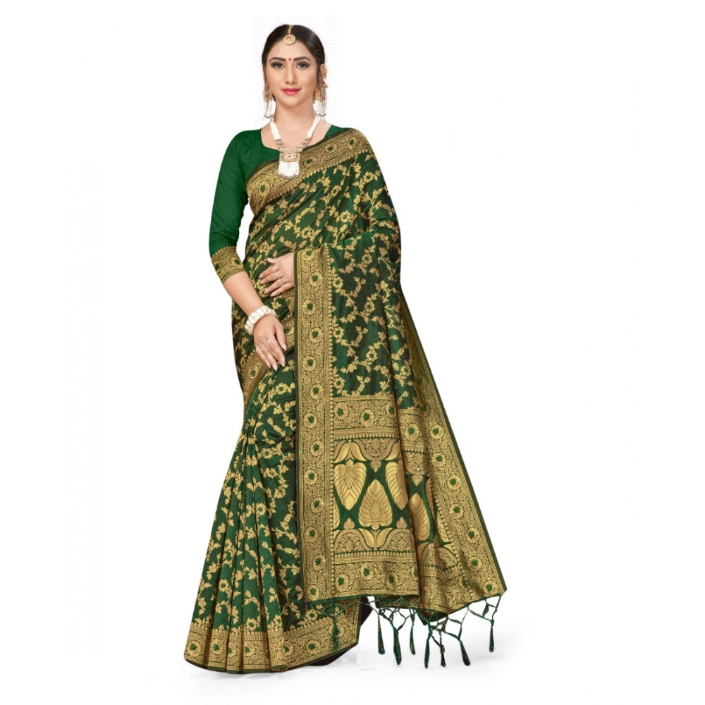 Generic Women's Banarasi Silk Saree With Blouse (Green, 5-6Mtrs) Main image
