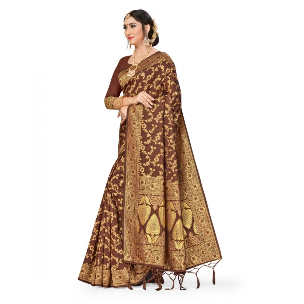 Generic Women's Banarasi Silk Saree With Blouse (Coffee, 5-6Mtrs) Secondary image