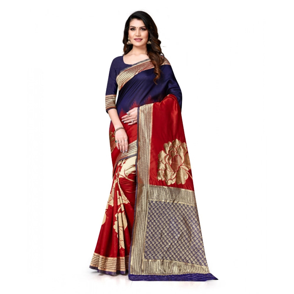Generic Women's Banarasi Silk Saree With Blouse (Navy Blue, Red, 5-6Mtrs) Main image