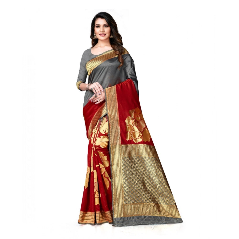 Generic Women's Banarasi Silk Saree With Blouse (Grey, Red, 5-6Mtrs) Main image