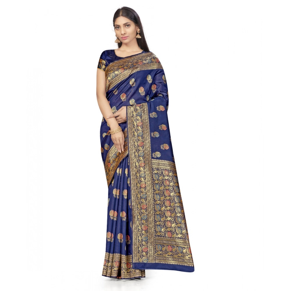 Generic Women's Banarasi Silk Saree With Blouse (Navy Blue, 5-6Mtrs) Main image