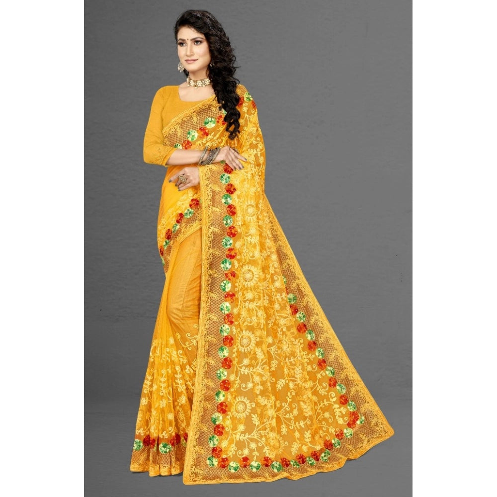 Generic Women's Net Saree With Blouse (Yellow, 5-6Mtrs) Secondary image