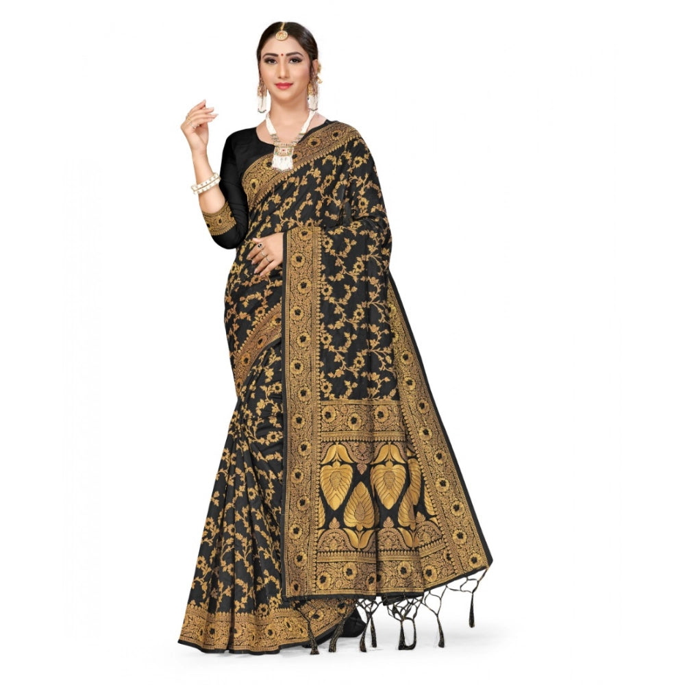 Generic Women's Banarasi Silk Saree With Blouse (Black, 5-6Mtrs) Main image
