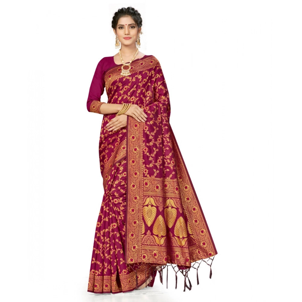 Generic Women's Banarasi Silk Saree With Blouse (Wine, 5-6Mtrs) Main image