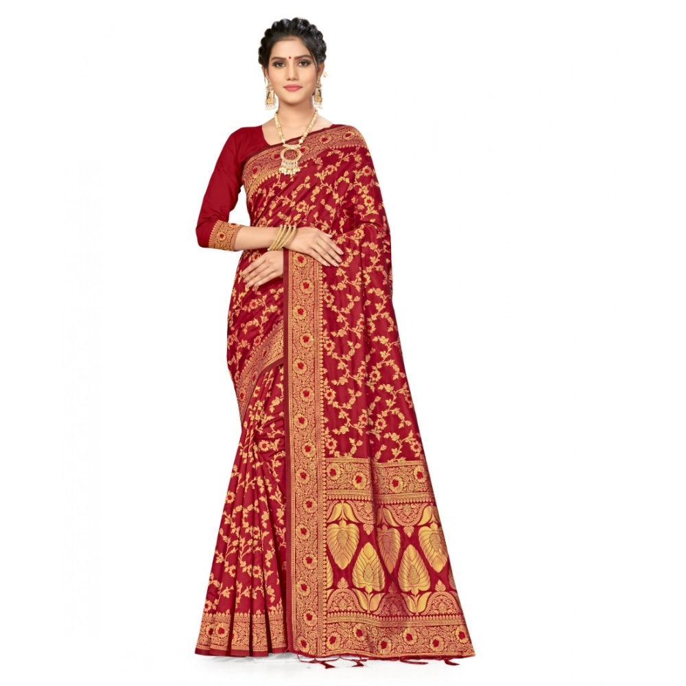 Generic Women's Banarasi Silk Saree With Blouse (Maroon, 5-6Mtrs) Main image