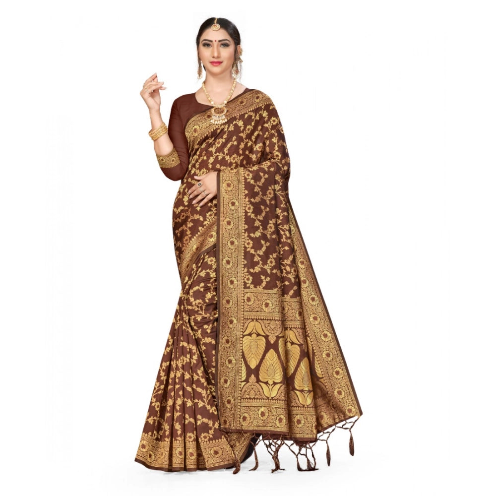 Generic Women's Banarasi Silk Saree With Blouse (Coffee, 5-6Mtrs) Main image