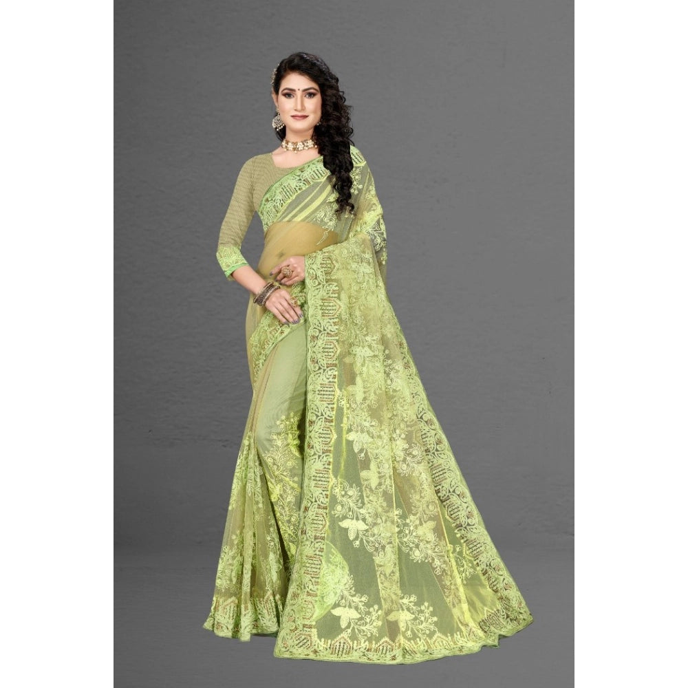 Generic Women's Net Saree With Blouse (Pista Green, 5-6Mtrs) Secondary image