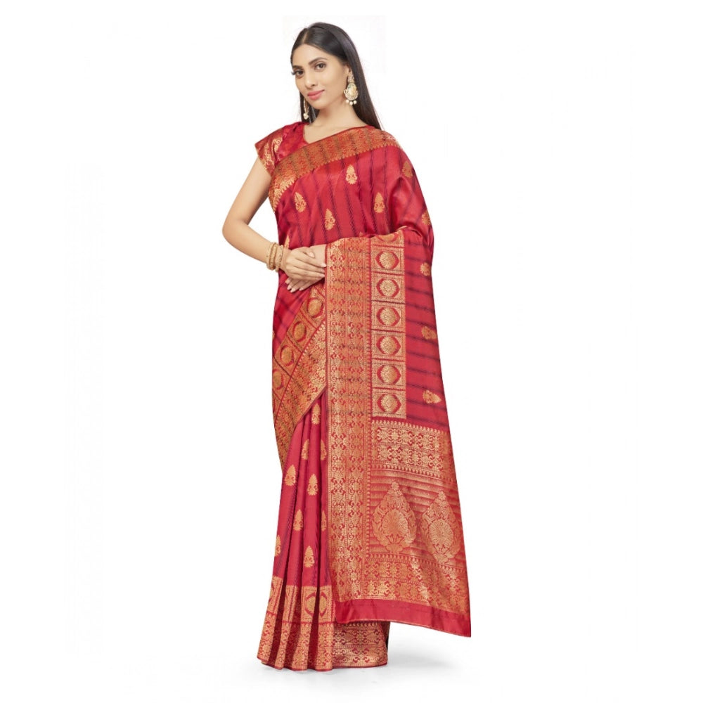 Generic Women's Banarasi Silk Saree With Blouse (Peach, 5-6Mtrs) Main image