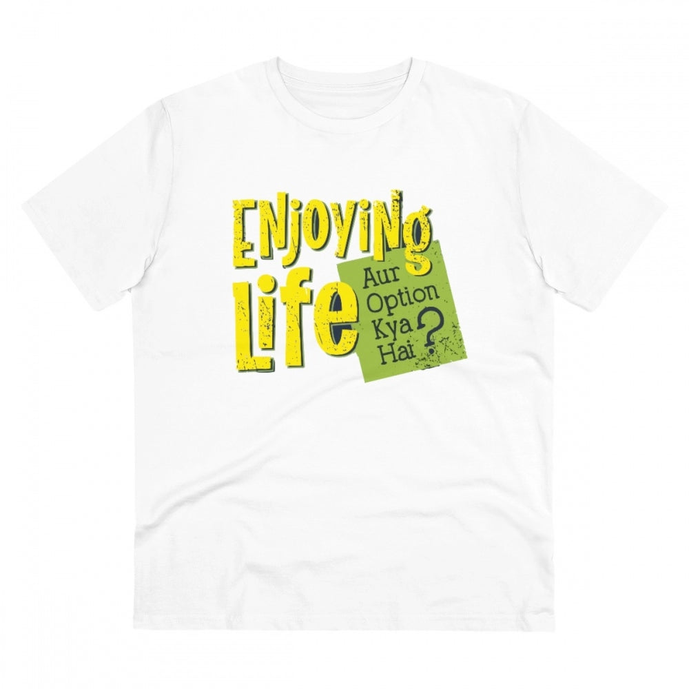 Generic Men's PC Cotton Enjoying Life Printed T Shirt (Color: White, Thread Count: 180GSM) Main image