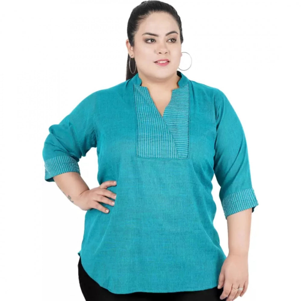Generic Women's Casual Three Fourth Sleeve Embroidered Light Green Top (Color:Light Blue, Material:Cotton Linen Blend) Main image