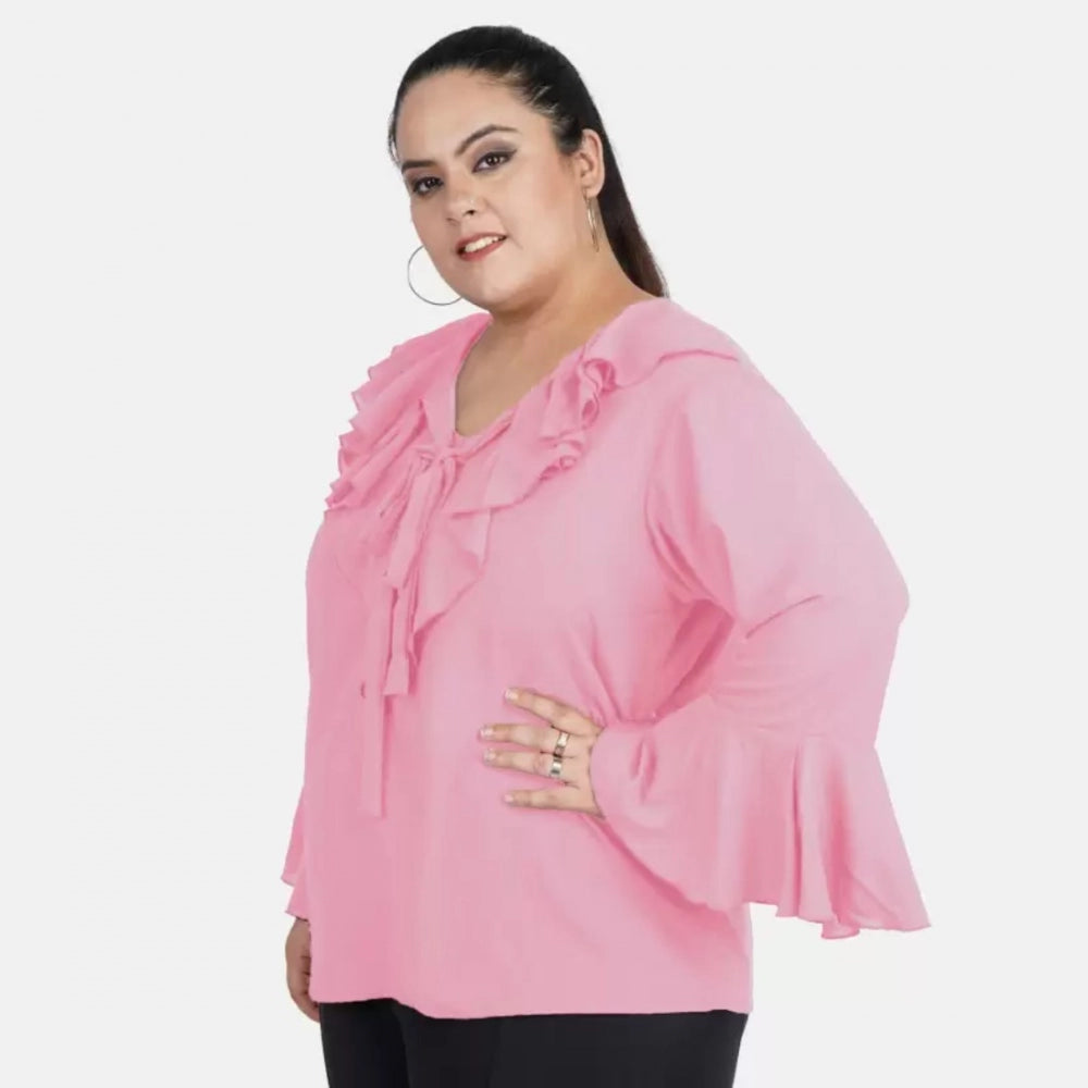 Generic Women's Casual Bell Sleeve Solid Pink Top (Color:Pink, Material:Georgette) Secondary image