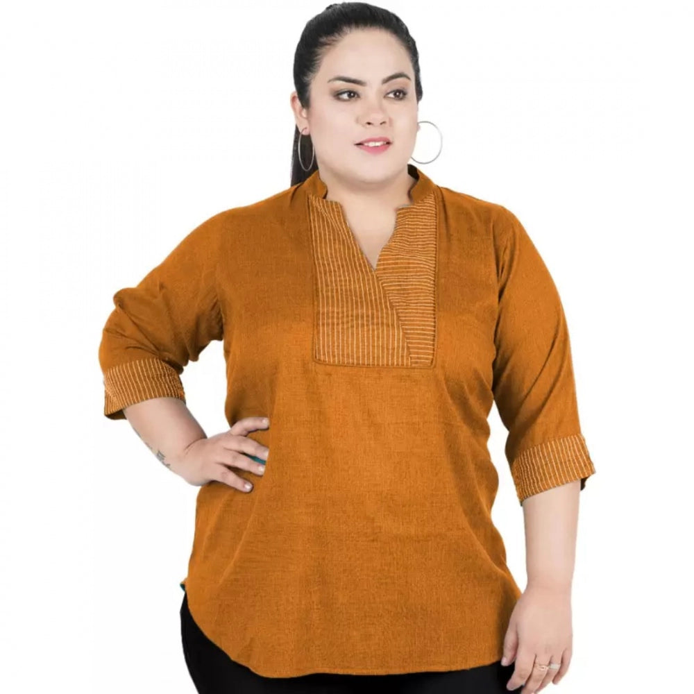 Generic Women's Casual Three Fourth Sleeve Embroidered Yellow Top (Color:Yellow, Material:Cotton Linen Blend) Main image