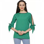 Generic Women's Casual Slit Sleeve Solid Green Top (Color:Green, Material:Poly Crepe)