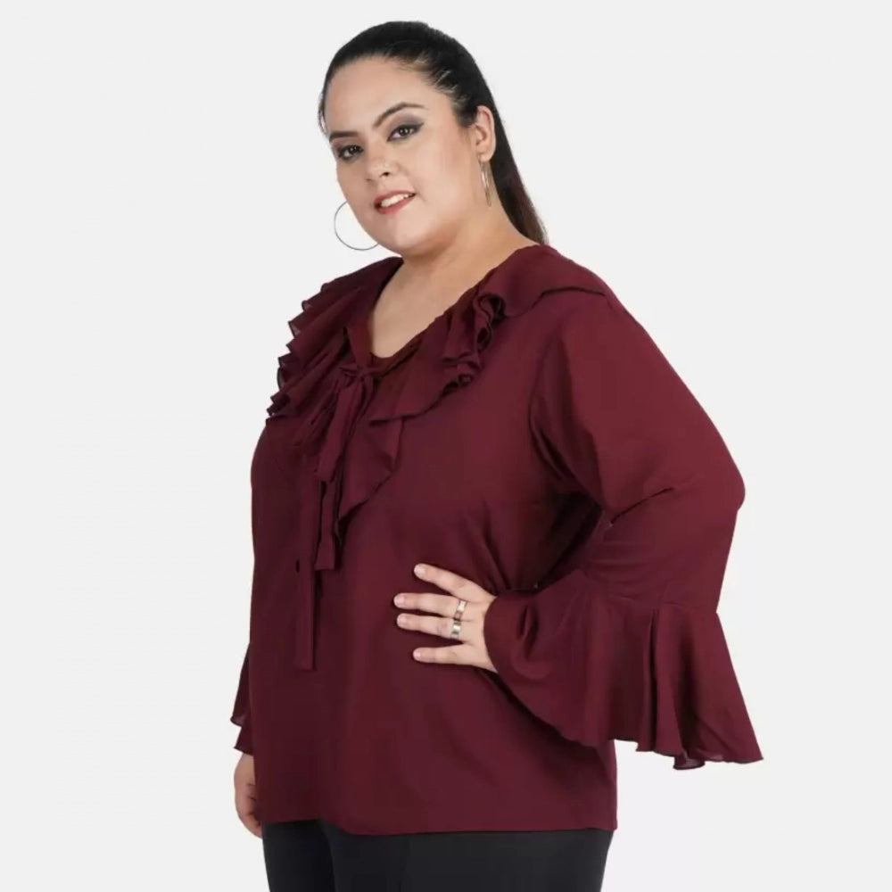 Generic Women's Casual Bell Sleeve Solid Maroon Top (Color:Maroon, Material:Georgette) Secondary image