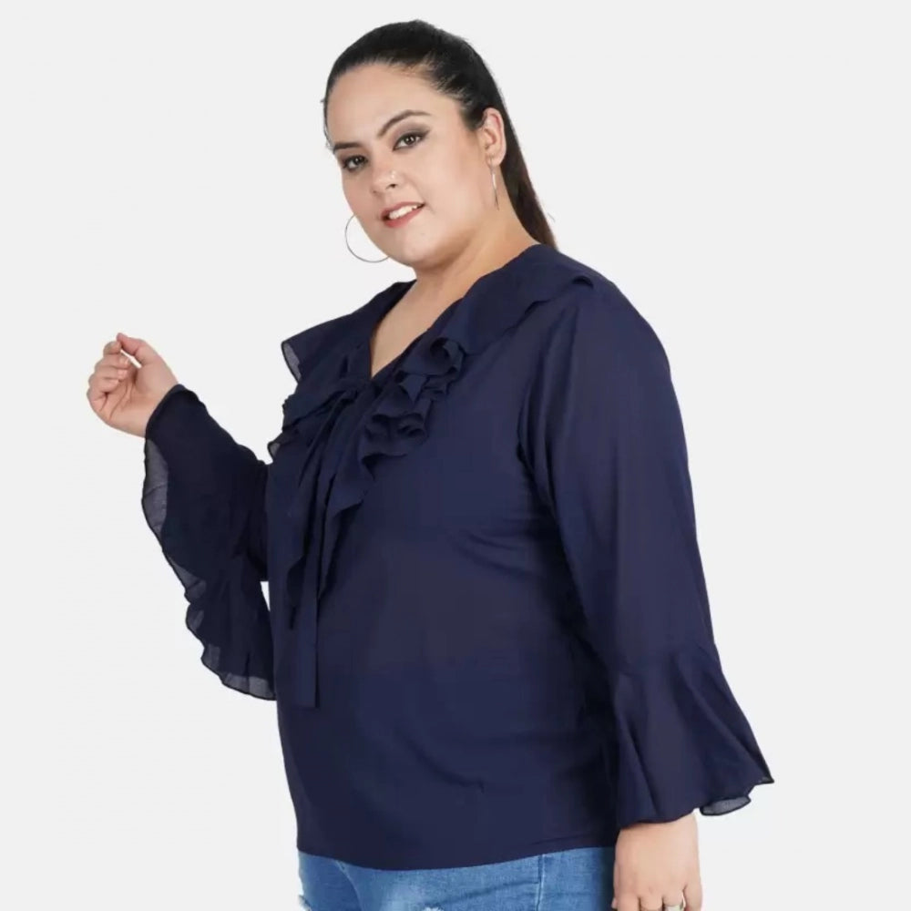 Generic Women's Casual Bell Sleeve Solid Blue Top (Color:Blue, Material:Georgette) Secondary image