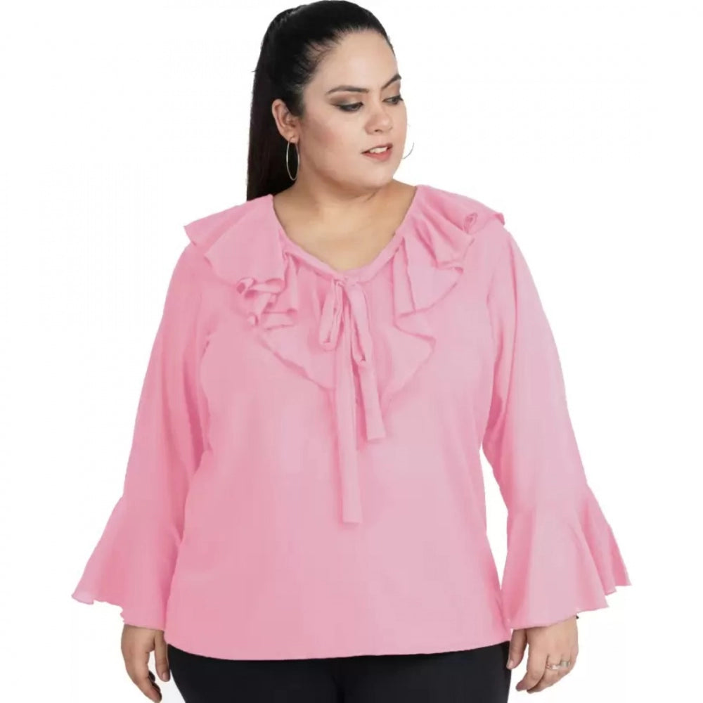 Generic Women's Casual Bell Sleeve Solid Pink Top (Color:Pink, Material:Georgette) Main image