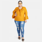 Generic Women's Casual Bell Sleeve Solid Yellow Top (Color:Yellow, Material:Georgette)