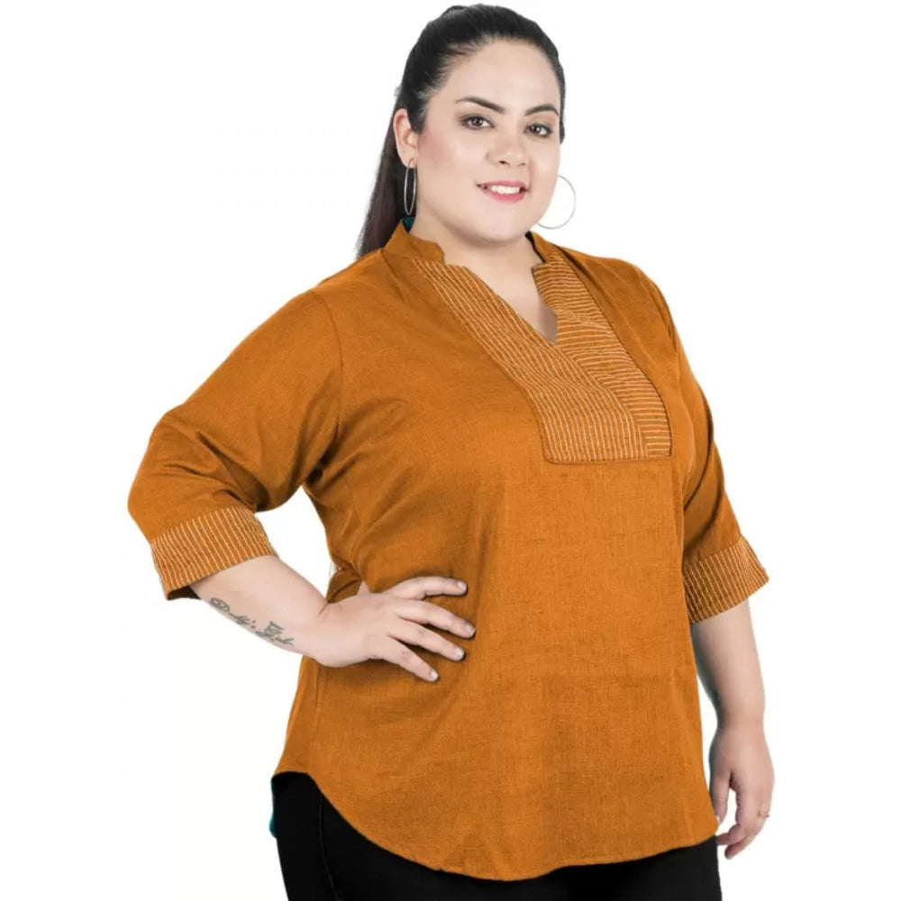 Generic Women's Casual Three Fourth Sleeve Embroidered Yellow Top (Color:Yellow, Material:Cotton Linen Blend) Secondary image