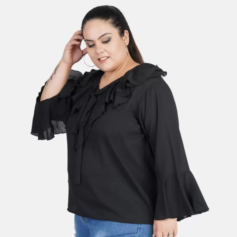 Generic Women's Casual Bell Sleeve Solid Black Top (Color:Black, Material:Georgette) Secondary image