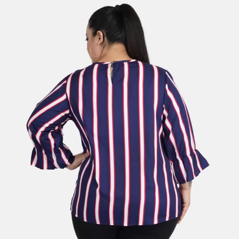 Generic Women's Casual Bell Sleeve Striped Blue Top (Color:Blue, Material:Crepe) Secondary image
