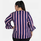 Generic Women's Casual Bell Sleeve Striped Blue Top (Color:Blue, Material:Crepe)