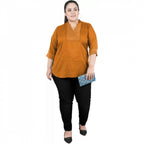 Generic Women's Casual Three Fourth Sleeve Embroidered Yellow Top (Color:Yellow, Material:Cotton Linen Blend)
