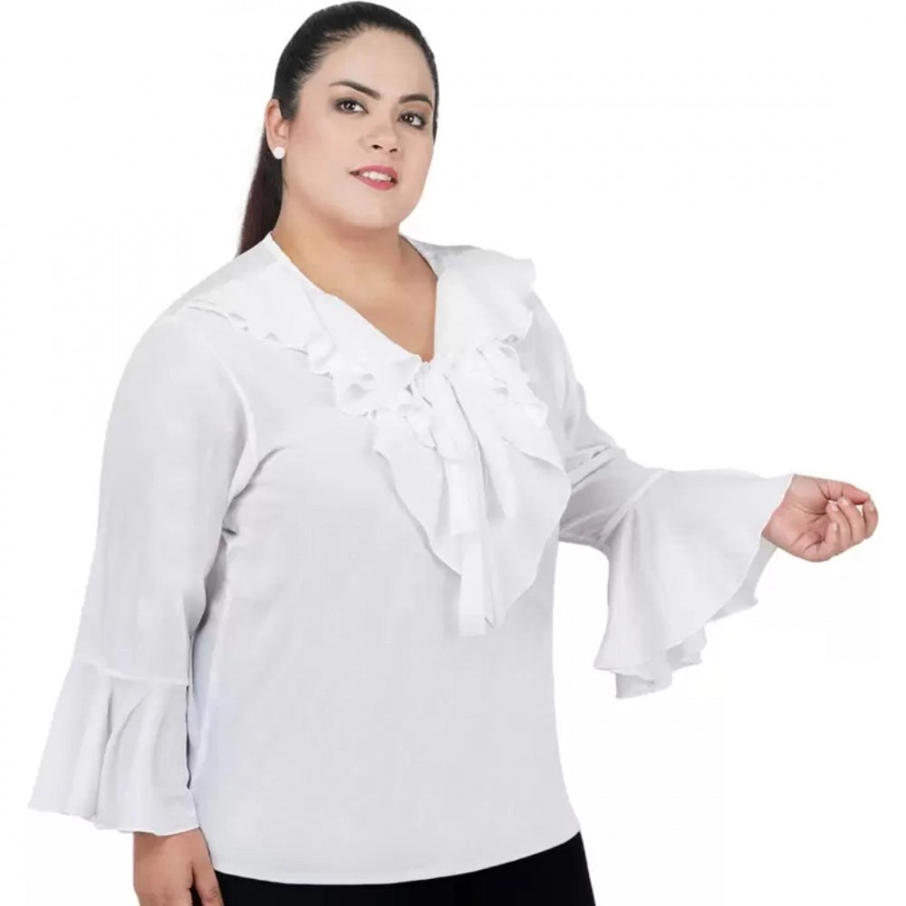 Generic Women's Casual Bell Sleeve Solid White Top (Color:White, Material:Georgette) Secondary image