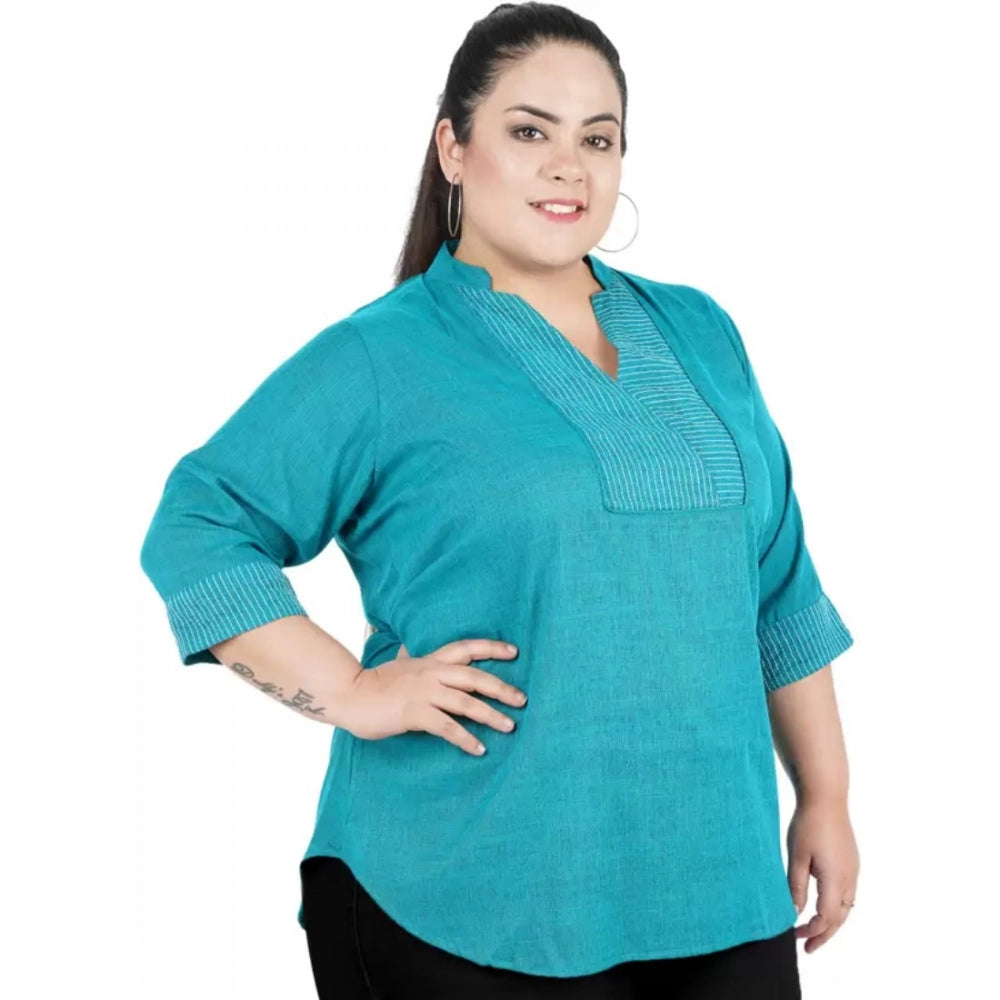 Generic Women's Casual Three Fourth Sleeve Embroidered Light Green Top (Color:Light Blue, Material:Cotton Linen Blend) Secondary image