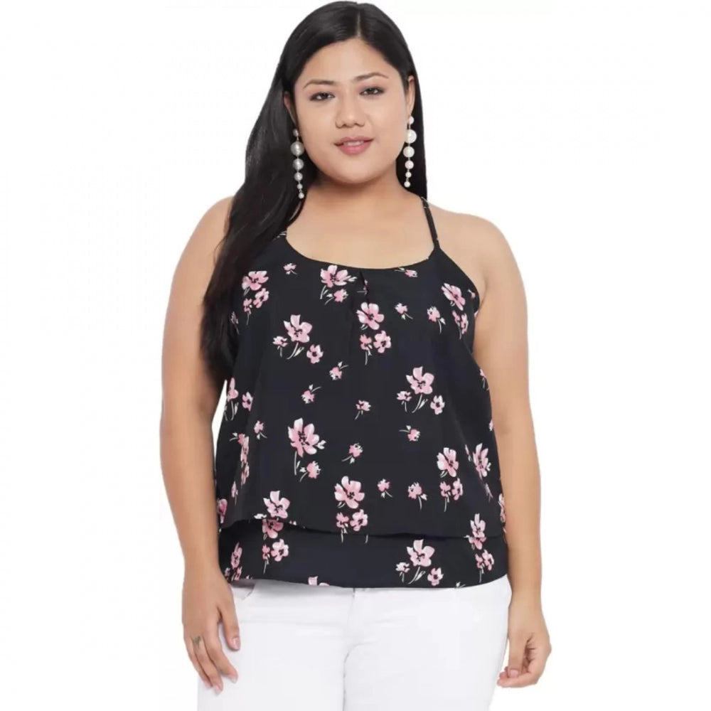 Generic Women's Casual Floral Print Black Top (Color:Black, Material:Polyester) Main image