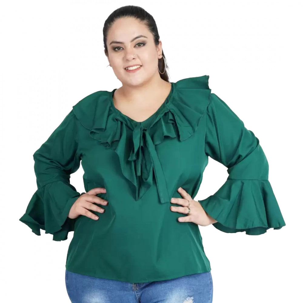 Generic Women's Casual Bell Sleeve Solid Green Top (Color:Green, Material:Georgette) Main image