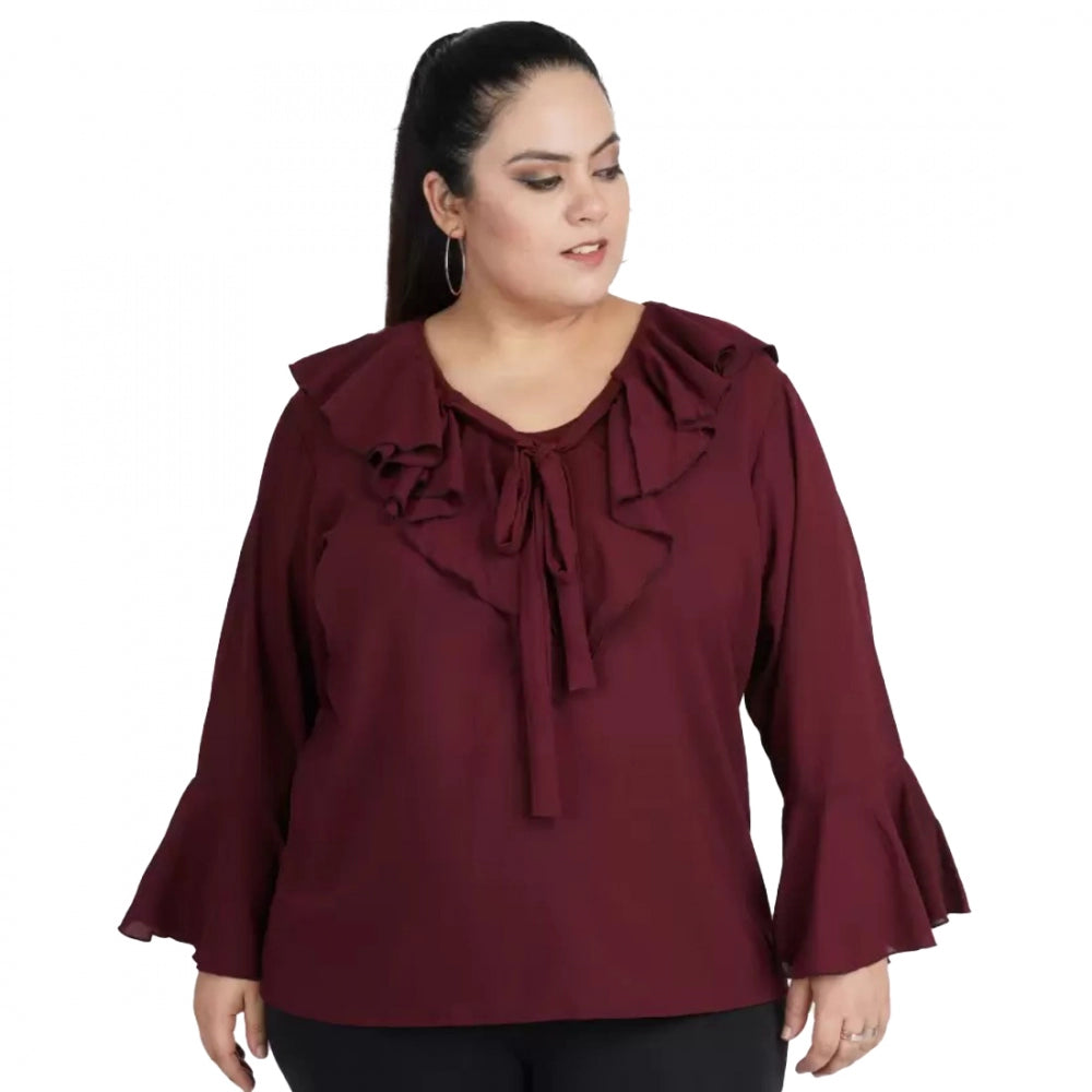 Generic Women's Casual Bell Sleeve Solid Maroon Top (Color:Maroon, Material:Georgette) Main image