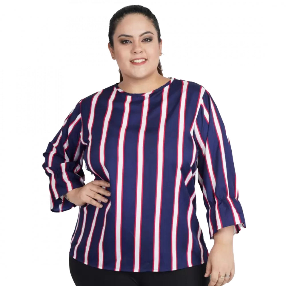 Generic Women's Casual Bell Sleeve Striped Blue Top (Color:Blue, Material:Crepe) Main image