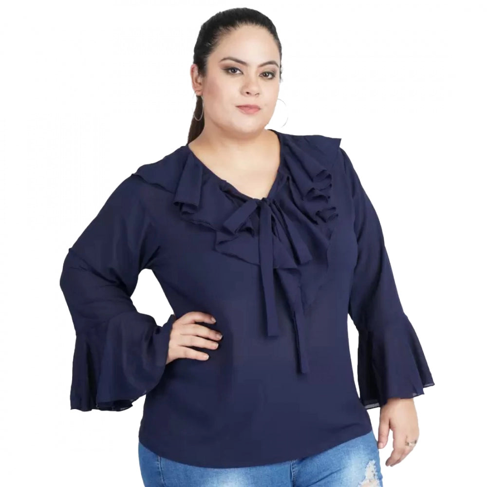 Generic Women's Casual Bell Sleeve Solid Blue Top (Color:Blue, Material:Georgette) Main image