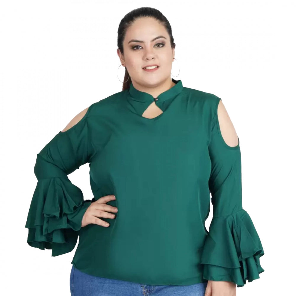 Generic Women's Casual Bell Sleeve Solid Green Top (Color:Green, Material:Crepe) Main image