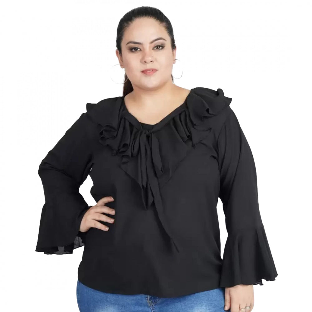 Generic Women's Casual Bell Sleeve Solid Black Top (Color:Black, Material:Georgette) Main image